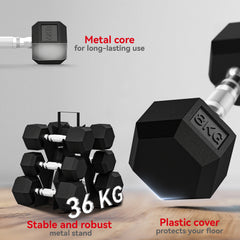 PURE Hex Dumbbell Set with Weights Storage Rack, Rubber Coated Dumbbells, Non-Slip Chrome Handles, Space-Saving for Home Gym Weight Lifting Strength Training, 2 x 2kg, 2 x 5kg, 2 x 8kg