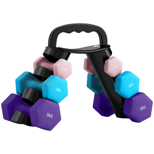 PURE Dumbbells Set with Storage Rack, 2 x 1kg, 2 x 3kg, 2 x 5kg, Pink