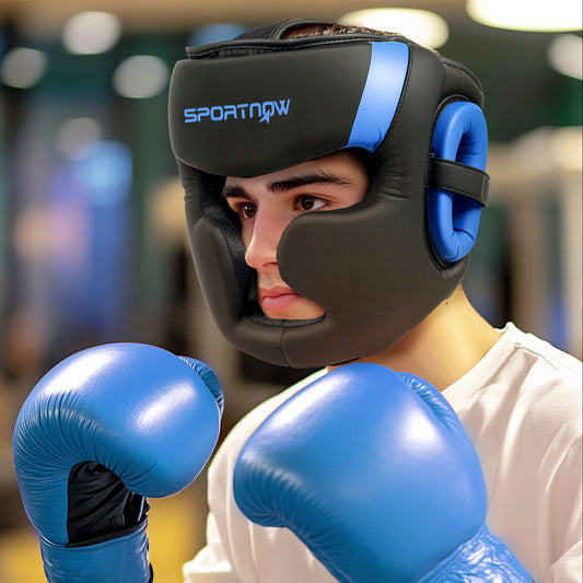 PURE Boxing Headguard w/ Adjustable Strap for Sparring, Kickboxing, MMA, Blue/Black