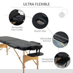 PURE Portable Massage Bed, Folding Spa Beauty Massage Table with 2 Sections, Carry Bag and Wooden Frame, Black