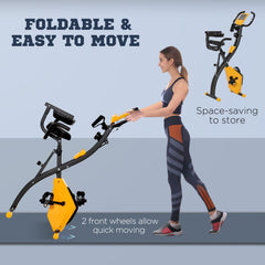 PURE 2-in-1 Folding Exercise Bike with 8-Level Magnetic Resistance, Arm Resistance Band, Pulse Sensor, Yellow
