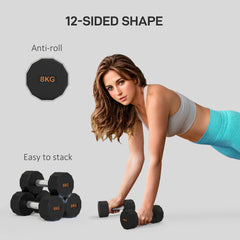 2 x 8kg Dumbbells Weights Set with 12-Sided Shape and Non-Slip Grip for Men Women Home Gym Workout