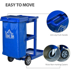 PURE Janitor Cleaning Trolley, with Bin, Shelves and Hooks - Blue
