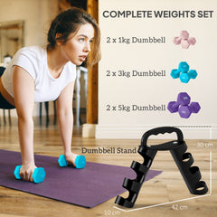 PURE Dumbbells Set with Storage Rack, 2 x 1kg, 2 x 3kg, 2 x 5kg, Pink