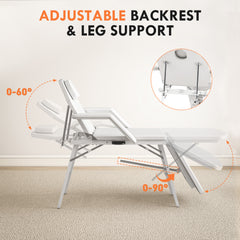 PURE Portable Massage Table, 3 Section Adjustable Beauty Bed, Foldable Massage Bed with Face Hole, Recliner Chair with Removable Headrest and Armrests for Spa, Lash, Tattoo, White