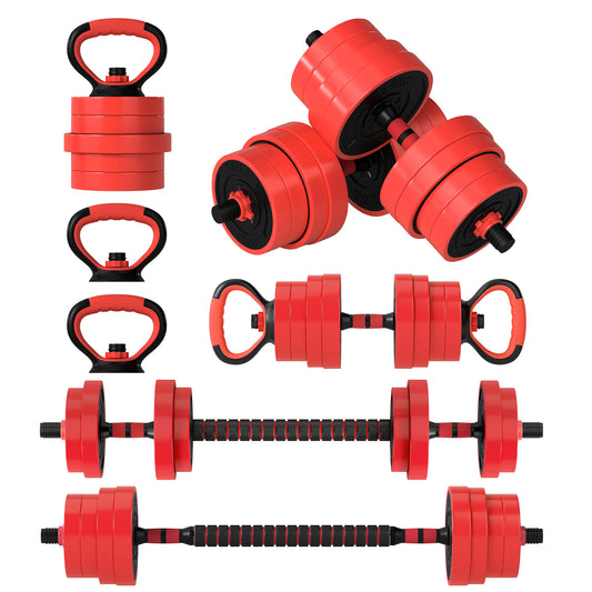 PURE 30kg Four-In-One Adjustable Weight Dumbbells Set, Barbell, Kettlebell, Push Up Stand - Red