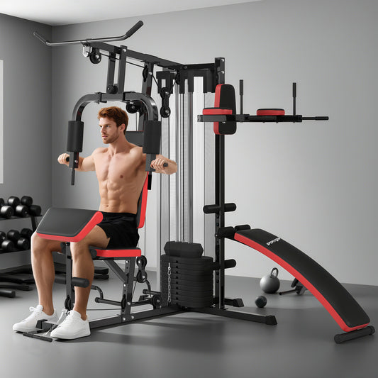 PURE Multi Gym Workout Station, Weight Machine with 65kg Weight Stack, Sit Up Bench, Push Up Stand, Dip Station
