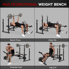 PURE Weight Bench with Two Barbell Racks, Leg Curl Machine, Preacher Curl Bench, Black