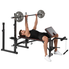 PURE Weight Bench with Two Barbell Racks, Leg Curl Machine, Preacher Curl Bench, Black