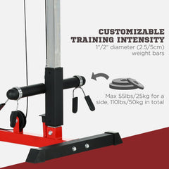 Pull Up Station with Adjustable Seat, Power Tower for Chin up  and Lat Pulldown Exercises, Multi-Function Fitness Equipment with Flip-Up Footplate, for Home Gym, Red