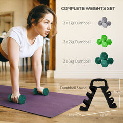 PURE Dumbbells Set with Storage Rack, 2 x 1kg, 2 x 2kg, 2 x 3kg, Grey