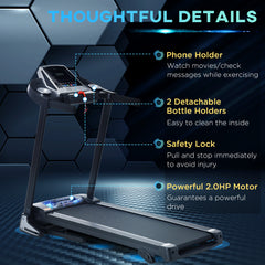 PURE Folding Treadmill, 2.0HP Incline Treadmill Running Machine, 12.8 km/h, with LED Display, Manual Incline, 12 Preset Programs, Drink & Phone Holder for Home Gym Fitness