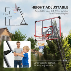 PURE 2.4-2.9m Adjustable Basketball Hoop and Stand with Weighted Base, Portable on Wheels, Red