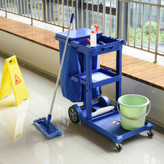 PURE Janitor Cleaning Trolley, with Bin, Shelves and Hooks - Blue
