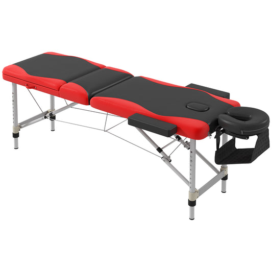 PURE Foldable Massage Bed Portable Table, 3-Section Aluminium Foldable Beauty Couch, Professional Salon Spa Table with Headrest Support and Carry Bag, 60 cm Width, Black and Red