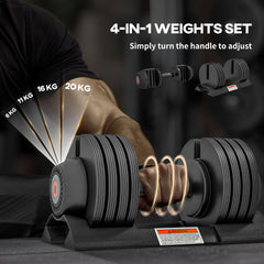 Adjustable Dumbbells Set, 4-in-1 Weights Set with Storage Tray and Non-Slip Handle, 6KG 11KG 16KG 20KG