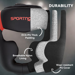 PURE Boxing Headguard w/ Adjustable Strap for Sparring, Kickboxing, MMA, Red/Black