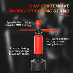 PURE 155-205cm 3-IN-1 Freestanding Boxing Punching Bag Stand, Boxing Speed Trainer with Rotating Flexible Arm, Speed Ball, Fillable Base, Red