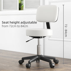 PURE Beautician's Swivel Salon Chair w/ Padded Seat Back 5 Wheels Adjustable Height Salon Hairdressers Tattoo Spa Rolling Cushion Professional 48cm White