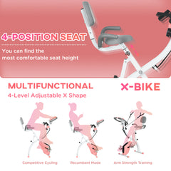 PURE 2-in-1 Folding Exercise Bike with 8-Level Magnetic Resistance, Arm Resistance Band, Pulse Sensor, Pink