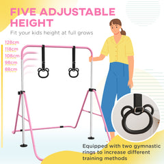 PURE Adjustable Height, Foldable Kids Gymnastics Bar w/ Non-slip Rubber Floor Rings, for 3+ Years, Pink