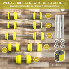 PURE 20KGS 2-In-1 Dumbbell & Barbell Adjustable Set Strength Muscle Exercise Fitness Plate Bar Clamp Rod Home Gym Sports Area, Yellow