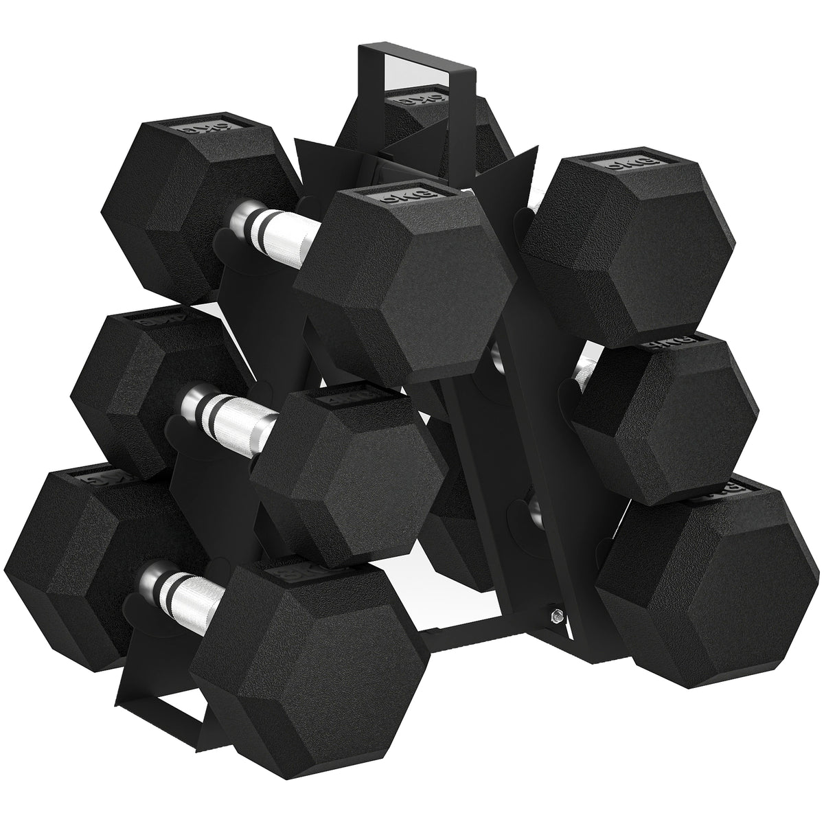 PURE Hex Dumbbell Set with Weights Storage Rack, Rubber Coated Dumbbells, Non-Slip Chrome Handles, Space-Saving for Home Gym Weight Lifting Strength Training, 2 x 2kg, 2 x 5kg, 2 x 8kg