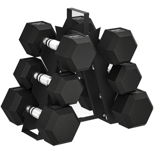 PURE Hex Dumbbell Set with Weights Storage Rack, Rubber Coated Dumbbells, Non-Slip Chrome Handles, Space-Saving for Home Gym Weight Lifting Strength Training, 2 x 2kg, 2 x 5kg, 2 x 8kg