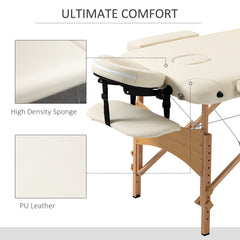 PURE Portable Massage Bed, Folding Spa Beauty Massage Table with 2 Sections, Carry Bag and Wooden Frame, Cream