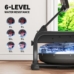 PURE Water Rowing Machine with Wheels, Vertical Storage, Adjustable Resistance, for Strength, Cardio Training