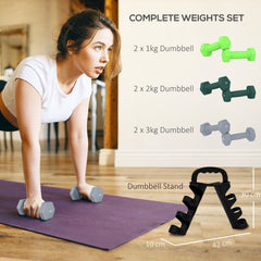 PURE Dumbbells Set with Storage Rack, 2 x 1kg, 2 x 2kg, 2 x 3kg, Green