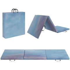PURE 6FT Foldable Gymnastics Mat, Tri-Fold 2" Thick Crash Mat with Carry Strap Handles for Home Training, Sky Blue