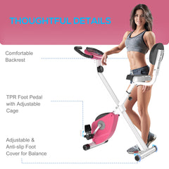 PURE Folding Exercise Bike, Fitness Bicycle Indoor Trainer, 8-Level Magnetic Resistance Adjustable, with LCD Monitor, Pulse Sensor, Pink