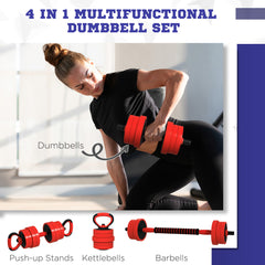 PURE 20kg Four-In-One Adjustable Weight Dumbbells Set, Barbell, Kettlebell, Push Up Stand - Red
