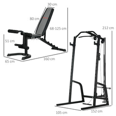 PURE Smith Machine & Cable Pulley System with Adjustable Weight Bench, Multifunction Home Gym Power Rack with Lat Pull Down System, Barbell Rack for Full Body Training, Black
