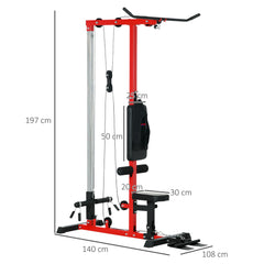 Pull Up Station with Adjustable Seat, Power Tower for Chin up  and Lat Pulldown Exercises, Multi-Function Fitness Equipment with Flip-Up Footplate, for Home Gym, Red