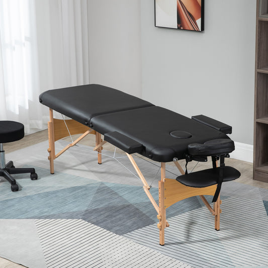 PURE Portable Massage Bed, Folding Spa Beauty Massage Table with 2 Sections, Carry Bag and Wooden Frame, Black
