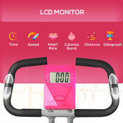 PURE Folding and Quiet Exercise Bike with 8-Level Magnetic Resistance and Heart Rate Sensor, for Home Gym, Pink and White