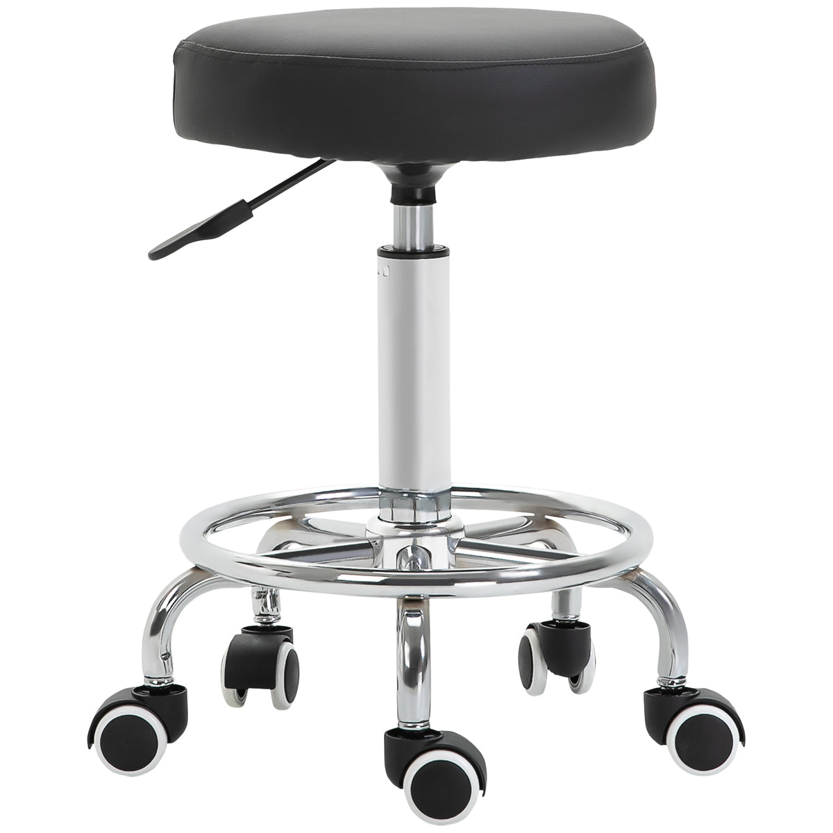 PURE Round Rolling Stool, PU Leather Height Adjustable Stool Chair with Wheels and Swivel Seat for Salon, Massage, Spa, Home Kitchen, Black