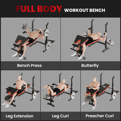 PURE Adjustable Weight Bench with Leg Extension, Barbell Rack, Preacher Curl Pad, Butterfly, Multi-Function Home Gym Bench for Strength Training, Red