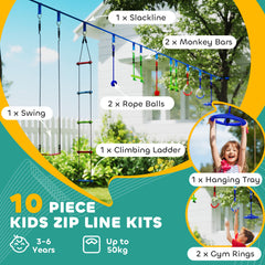 PURE 10-Piece Zip Line Kit for Kids with 10m Slackline, Monkey Bars, Swing, Climbing Ladder, Hanging Tray, Metal Rings