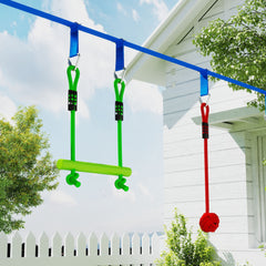 PURE 10-Piece Zip Line Kit for Kids with 10m Slackline, Monkey Bars, Swing, Climbing Ladder, Hanging Tray, Metal Rings