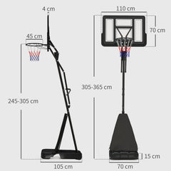 PURE 245-305cm Adjustable Basketball Hoop and Stand, with Wheels, Black