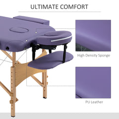 PURE Portable Massage Bed, Folding Spa Beauty Massage Table with 2 Sections, Carry Bag and Wooden Frame, Purple