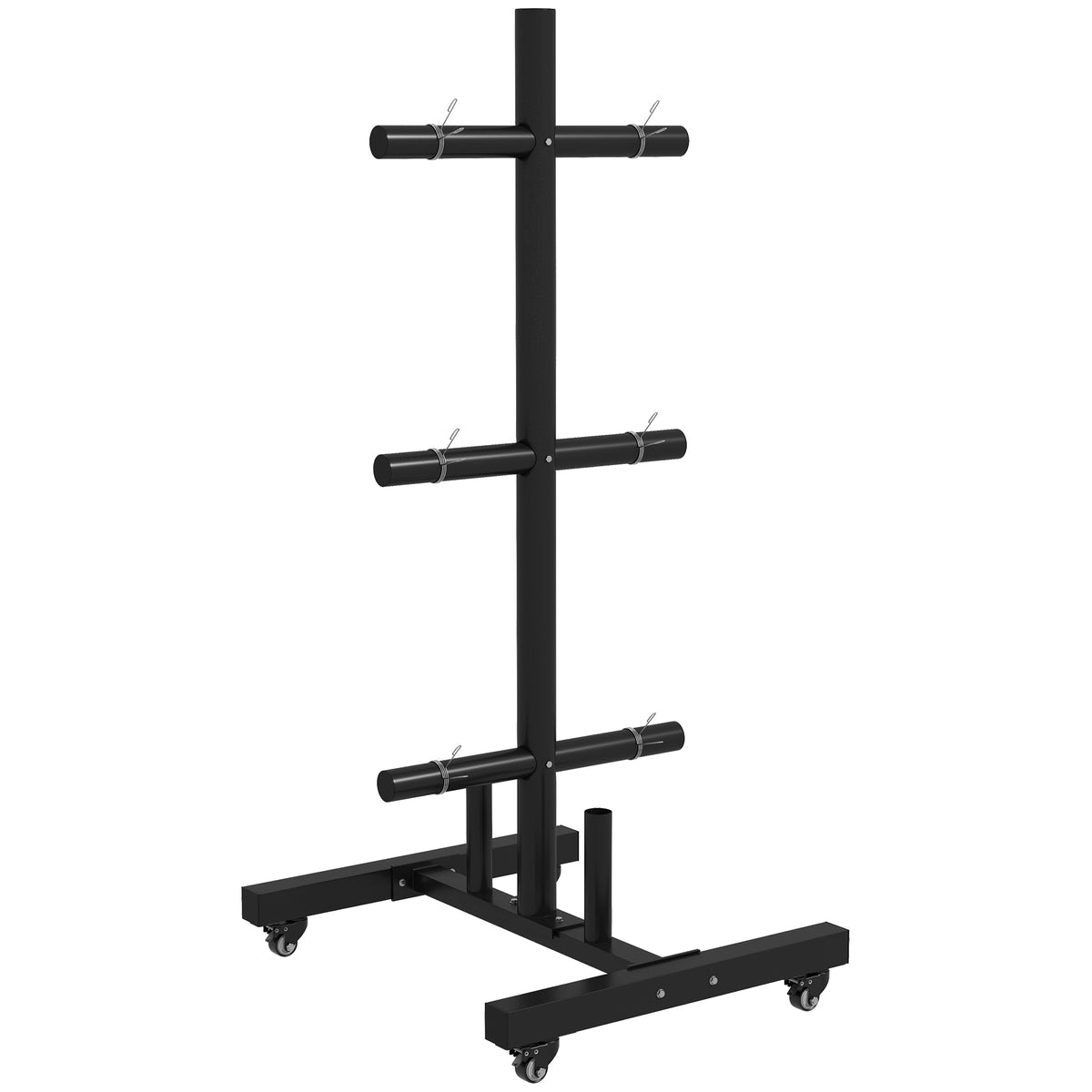 PURE Weight Rack for Olympic Weight Plate, 3 Tier Weight Tree for 2 inch Plates and Bars, Weight Organiser Stand with 4 Transport Wheels and Clamps for Home Gym, Max Load 200kg, Black
