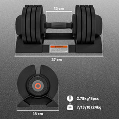 PURE Adjustable Dumbbells Set, 4-in-1 Weights Set with Storage Tray, Non-Slip Handle, 7kg, 13kg, 18kg, 24kg