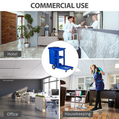 PURE Janitor Cleaning Trolley, with Bin, Shelves and Hooks - Blue