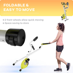 PURE Folding Exercise Bike, Fitness Bicycle Indoor Trainer, 8-Level Magnetic Resistance Adjustable, with LCD Monitor, Pulse Sensor, Yellow