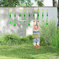 PURE 7-Piece Kids Zip Line Kit for Garden, 10m Kids Slackline Kit with Wooden Monkey Bars, Metal Rings, Gripping Balls, Green