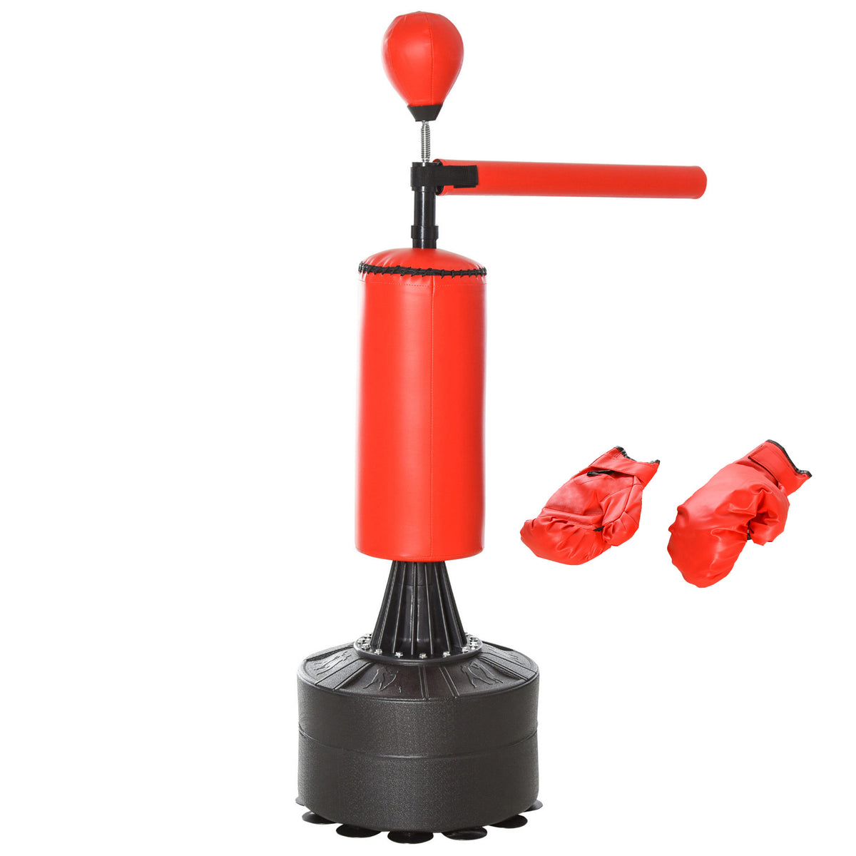 PURE 155-205cm 3-IN-1 Freestanding Boxing Punching Bag Stand, Boxing Speed Trainer with Rotating Flexible Arm, Speed Ball, Fillable Base, Red